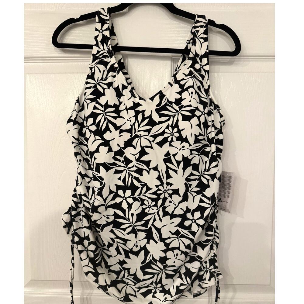 Lands’ End Tankini Top 16W Black White Floral Ruched Side Swim Top Plus